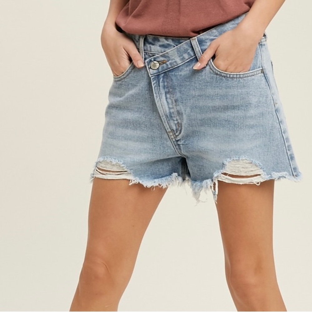 Distressed denim shorts